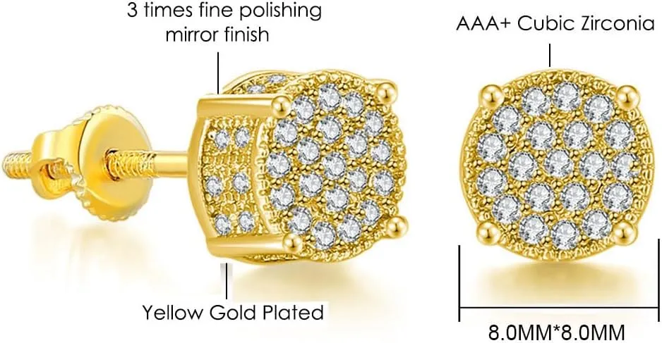 18K Gold Plated Post Stud Earrings Cubic Zirconia Stud Earrings for Women Men Hip Hop Jewelry