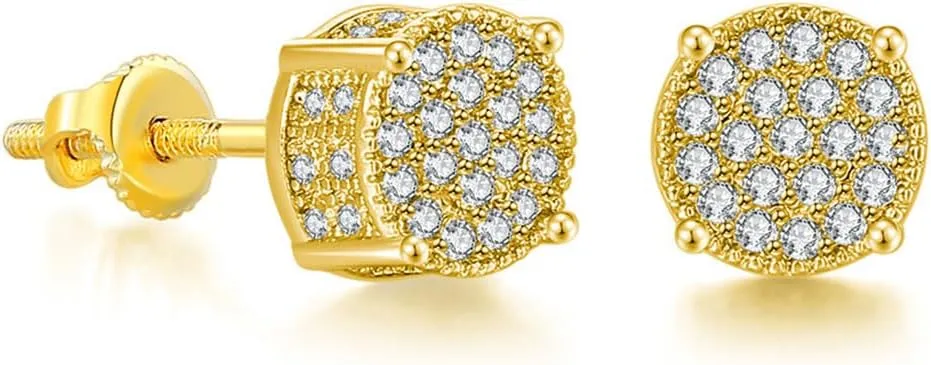 18K Gold Plated Post Stud Earrings Cubic Zirconia Stud Earrings for Women Men Hip Hop Jewelry