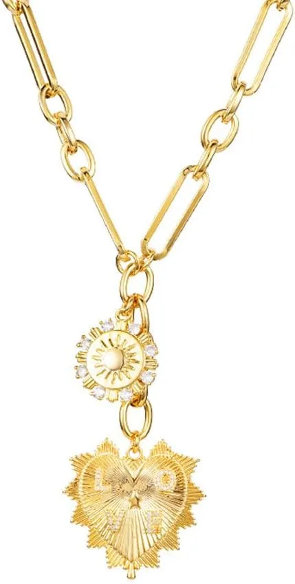 18K Gold Plated Sun Heart Pendant Necklace Minimalist Chunky Paperclip Chain Hip Hop Choker Jewelry Gold