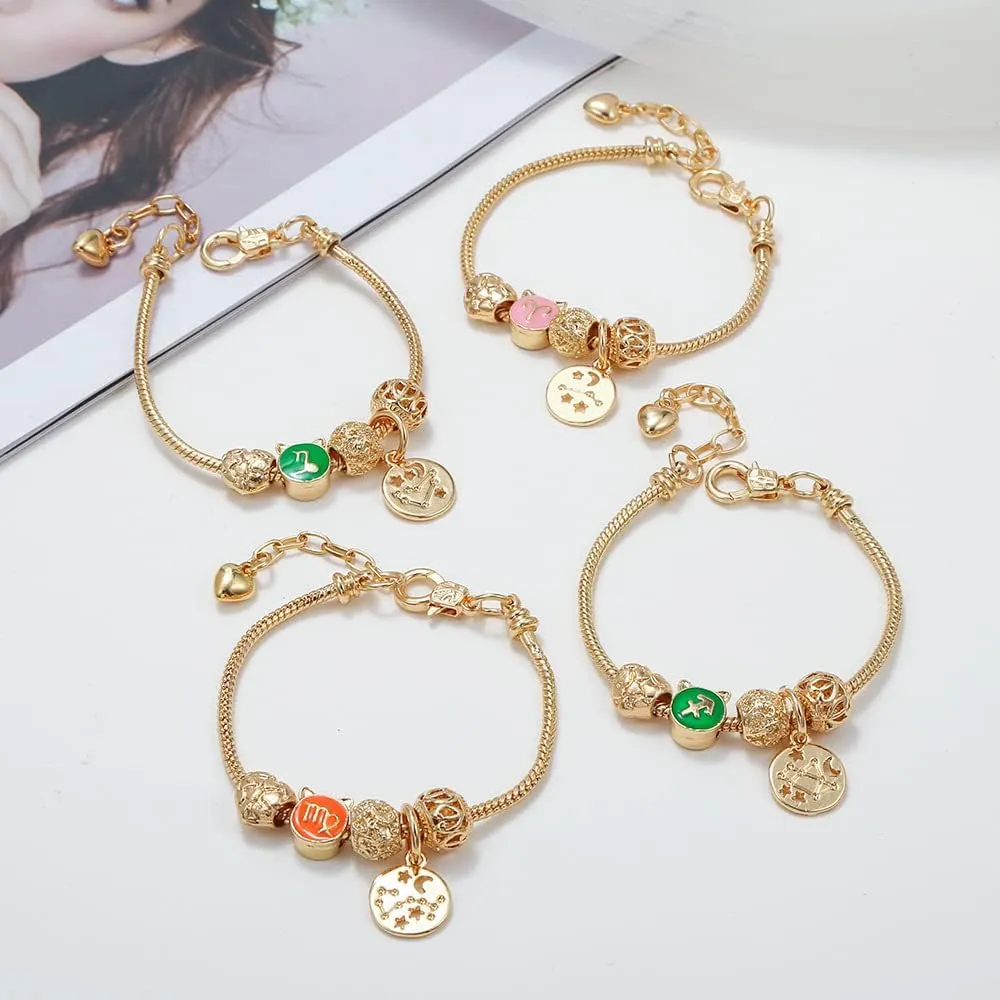18K Gold Plated Zodiac Constellation Bracelet for Women, Cute Love Heart Charms Bracelet Chain Wrap Jewelry Gift