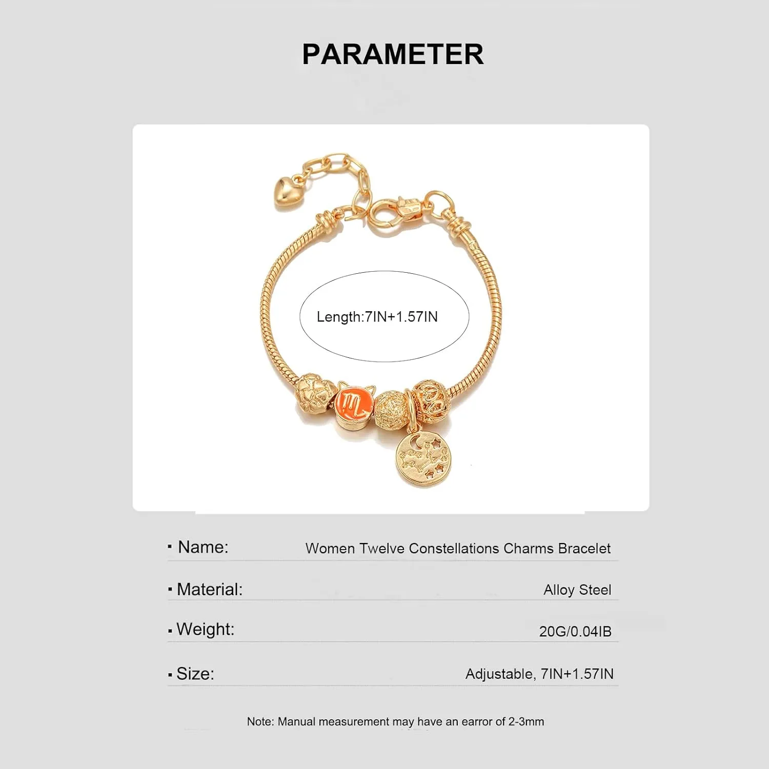 18K Gold Plated Zodiac Constellation Bracelet for Women, Cute Love Heart Charms Bracelet Chain Wrap Jewelry Gift