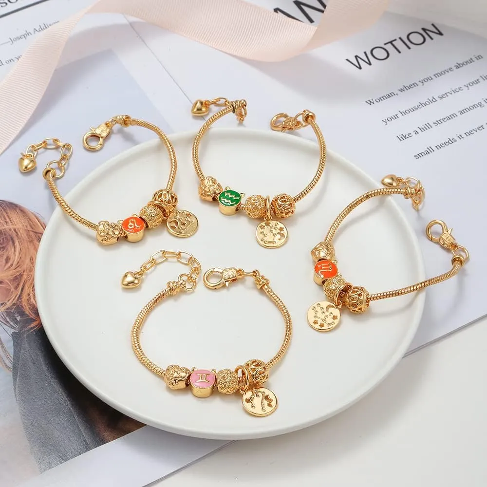 18K Gold Plated Zodiac Constellation Bracelet for Women, Cute Love Heart Charms Bracelet Chain Wrap Jewelry Gift