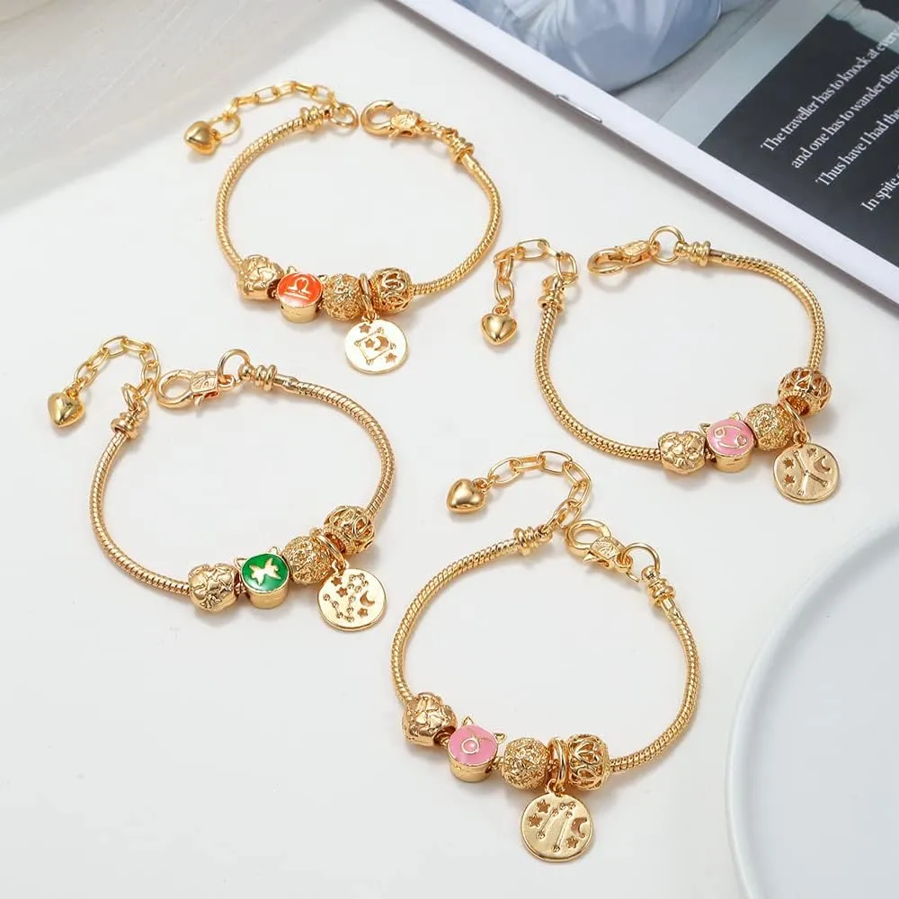 18K Gold Plated Zodiac Constellation Bracelet for Women, Cute Love Heart Charms Bracelet Chain Wrap Jewelry Gift