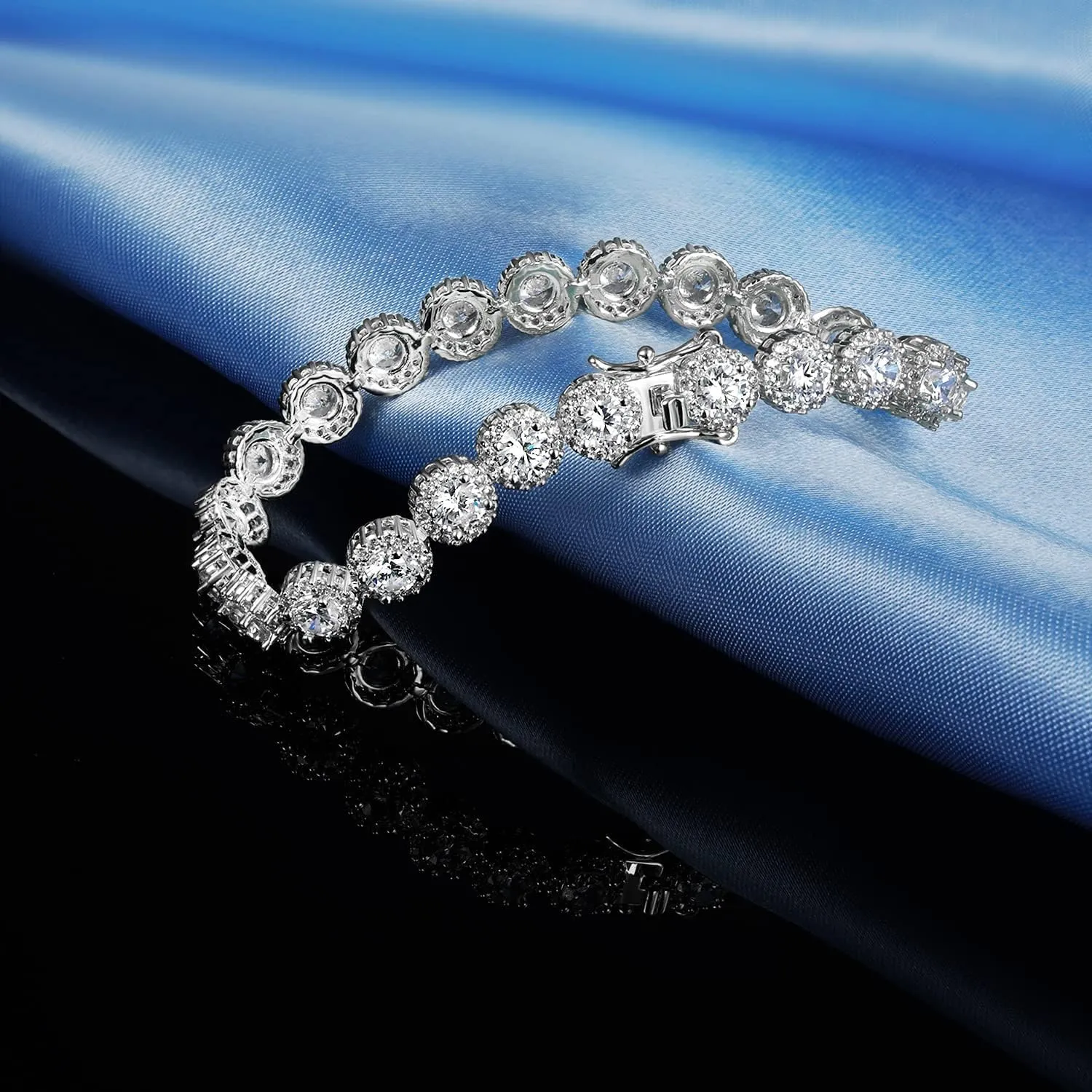 18K White Gold Plated Cubic Zirconia Tennis Bracelet and Necklace Sets for Women and Men Hypoallergenic Silver Round Halo Jewelry Set