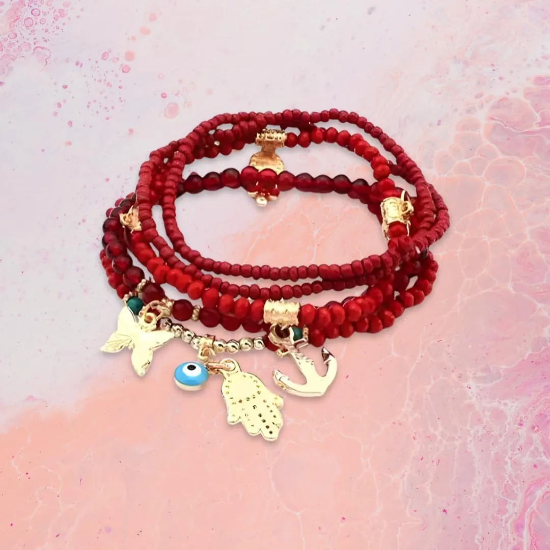 18kt Gold Plated Evil Eye and Hamsa Butterfly Charm Vintage Bracelet Bohemia Beads