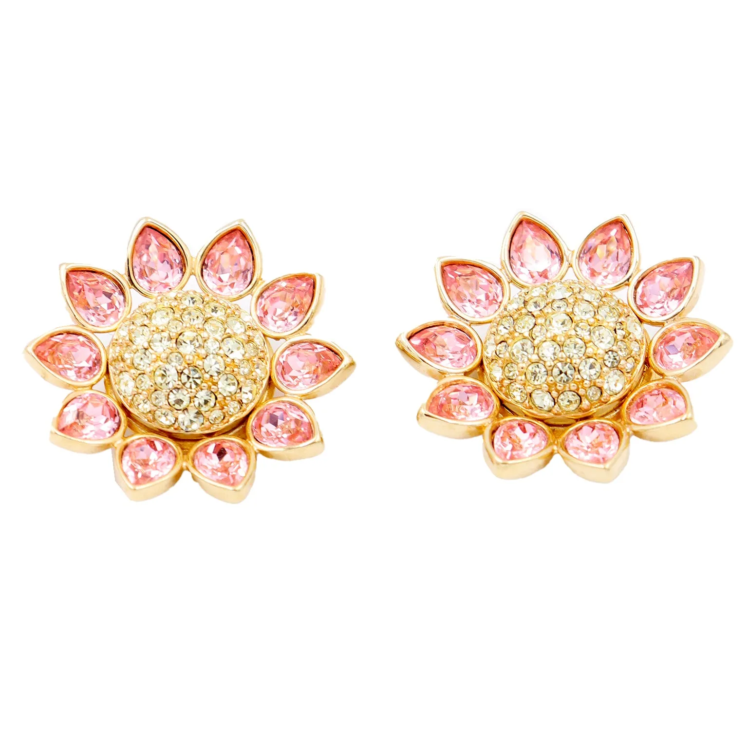 1990s Swarovski Crystal Pink & Yellow Crystal Flower Brooch & Earrings Set