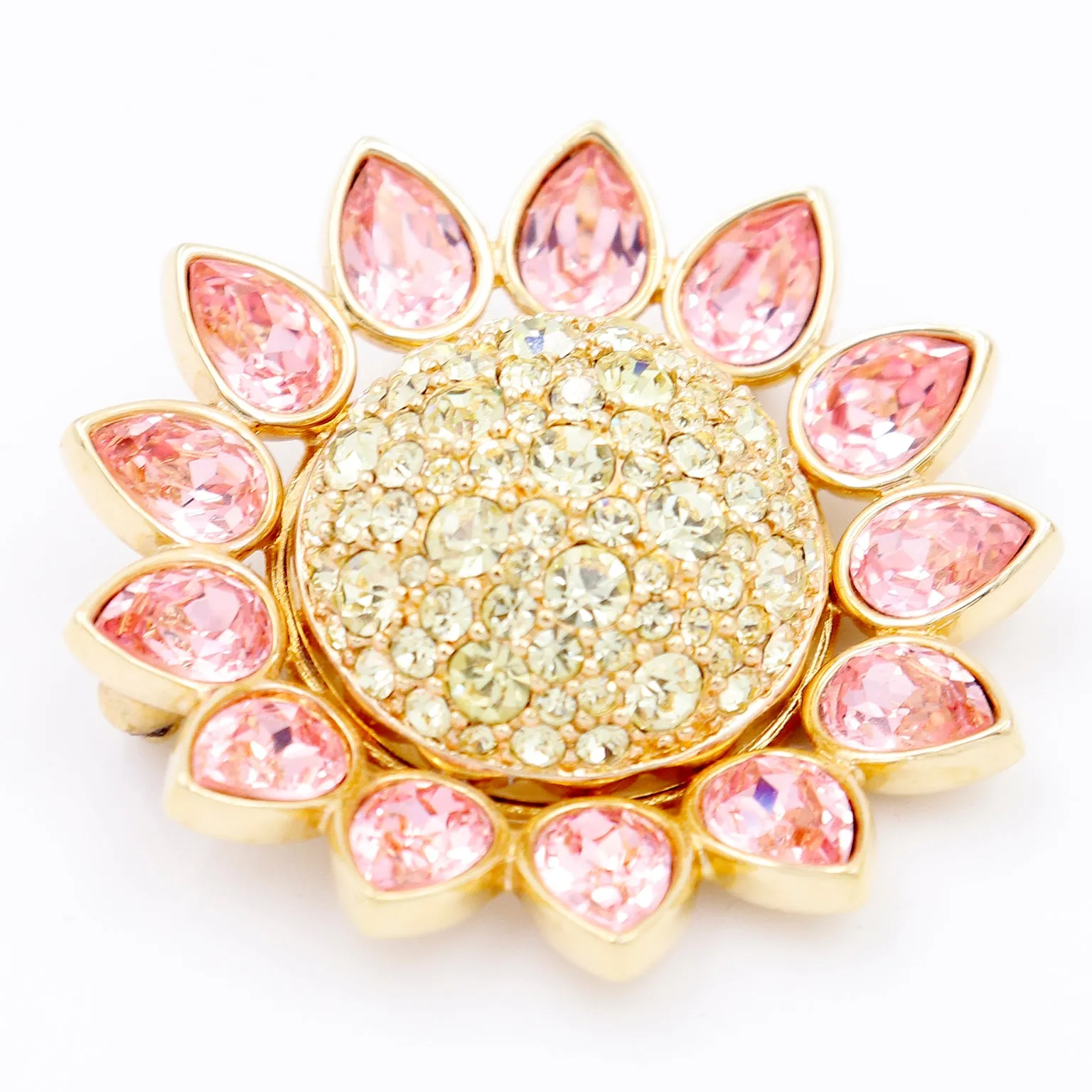 1990s Swarovski Crystal Pink & Yellow Crystal Flower Brooch & Earrings Set