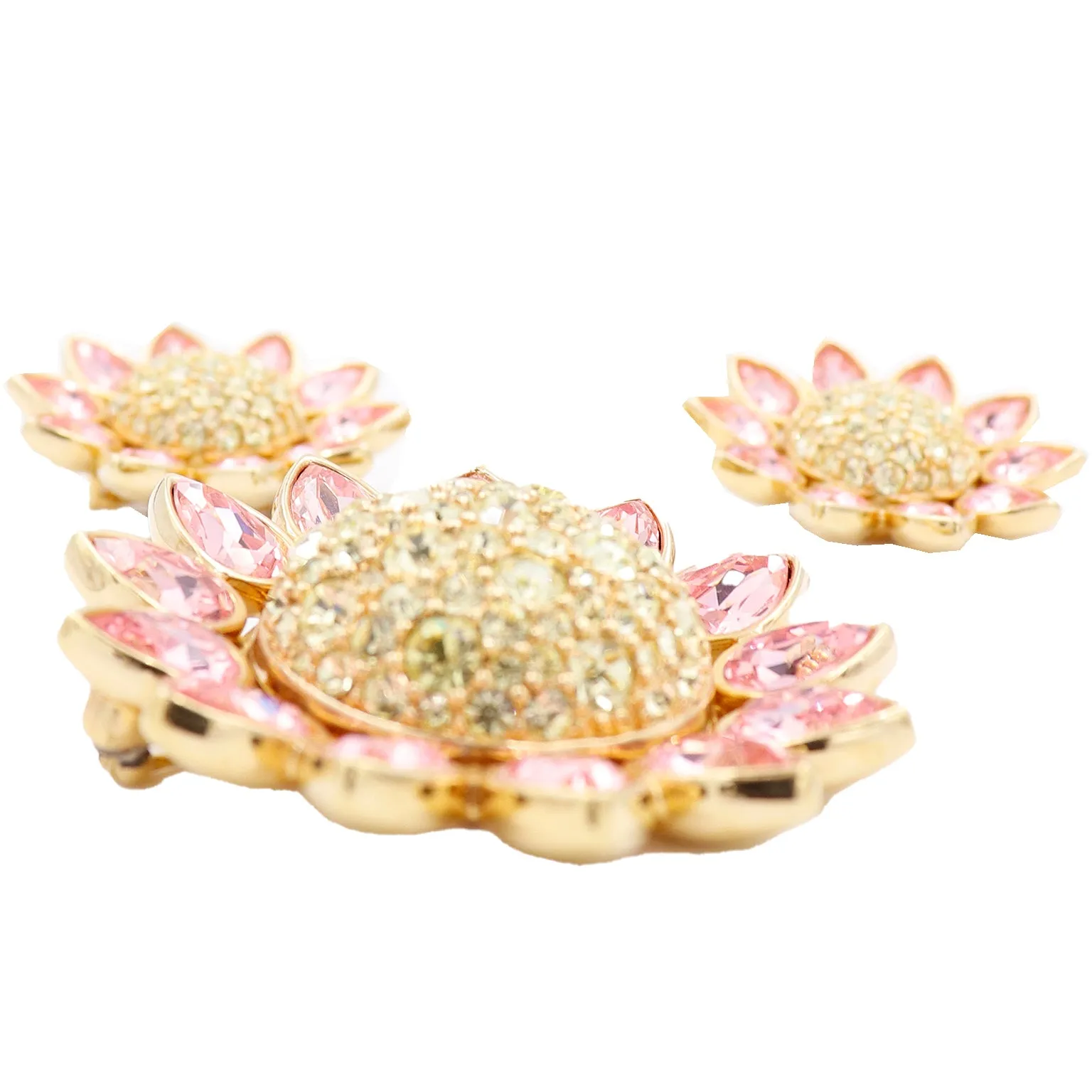 1990s Swarovski Crystal Pink & Yellow Crystal Flower Brooch & Earrings Set