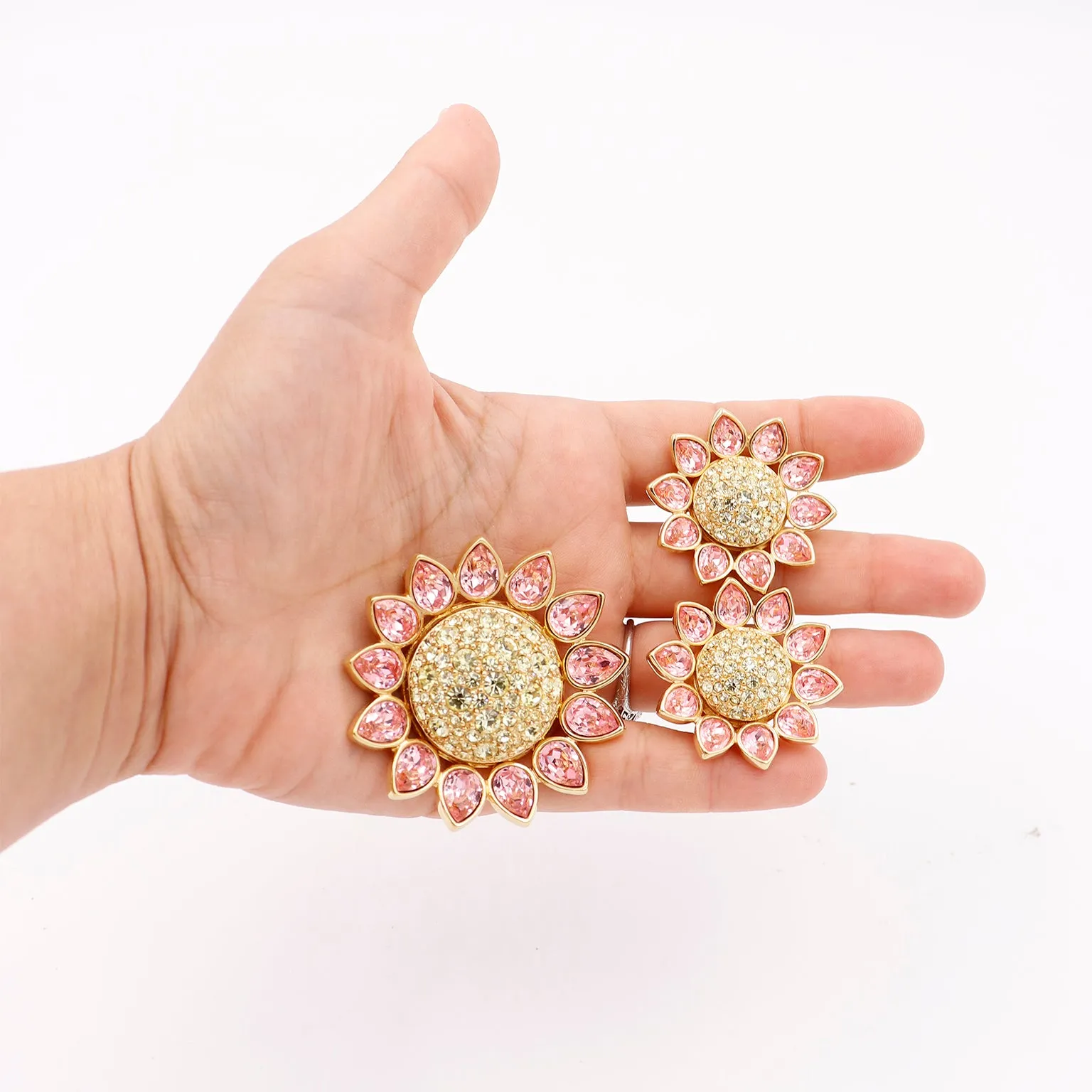 1990s Swarovski Crystal Pink & Yellow Crystal Flower Brooch & Earrings Set