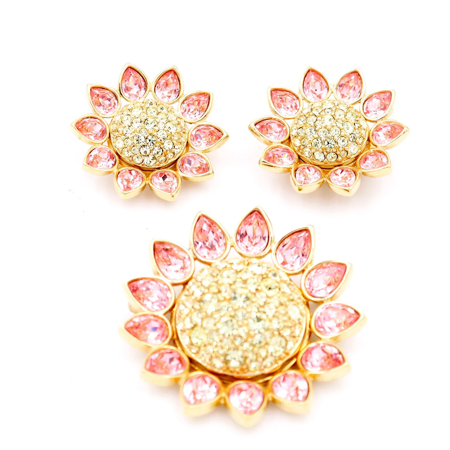 1990s Swarovski Crystal Pink & Yellow Crystal Flower Brooch & Earrings Set