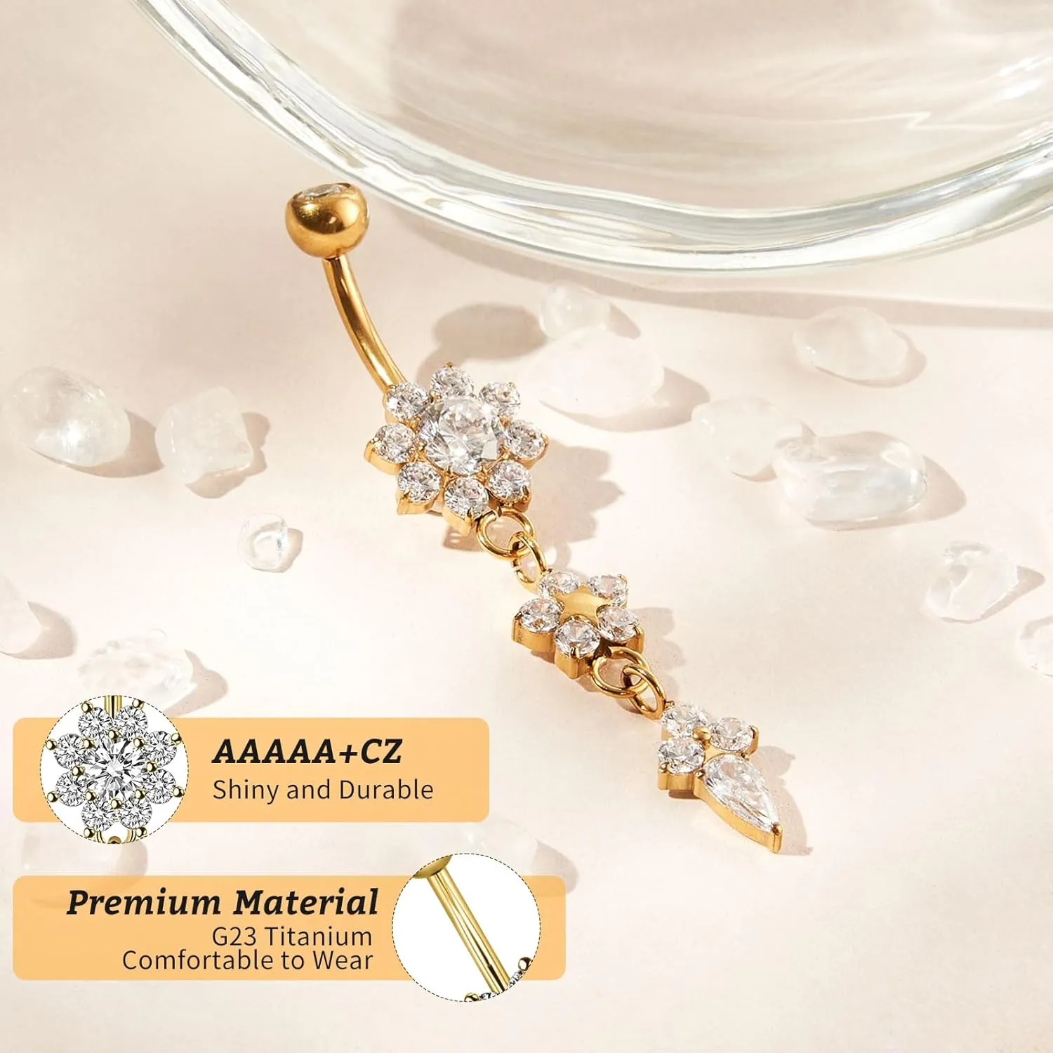 1PC 14G Belly Button Rings G23 Titanium Dangle Belly Piercing Navel Rings CZ Curved Barbell Internally Threaded Dangling Belly Jewelry for Women