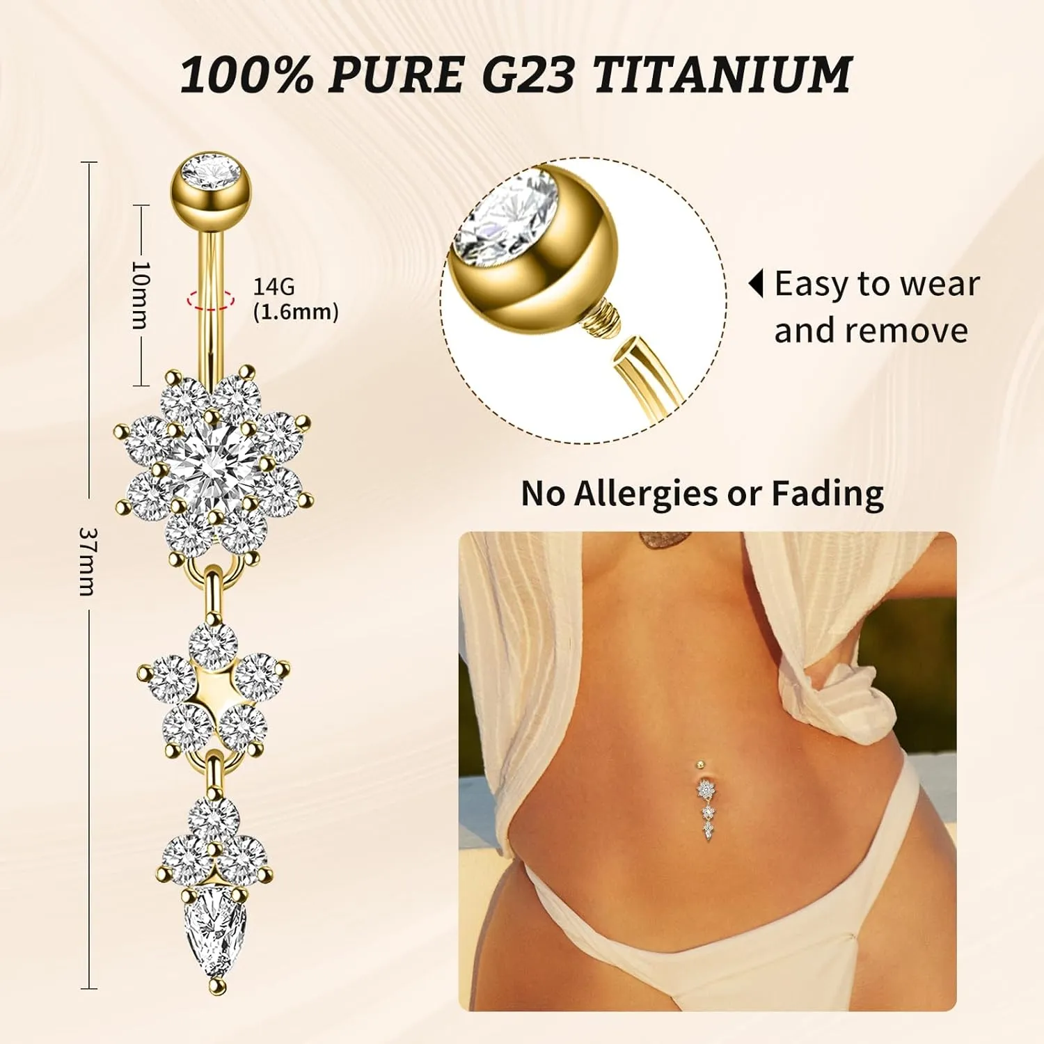 1PC 14G Belly Button Rings G23 Titanium Dangle Belly Piercing Navel Rings CZ Curved Barbell Internally Threaded Dangling Belly Jewelry for Women