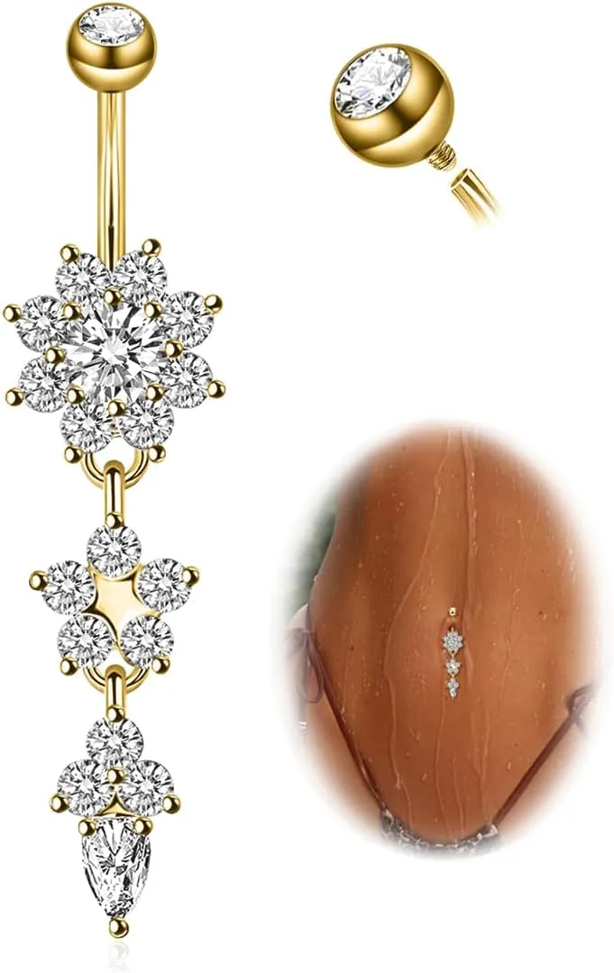 1PC 14G Belly Button Rings G23 Titanium Dangle Belly Piercing Navel Rings CZ Curved Barbell Internally Threaded Dangling Belly Jewelry for Women