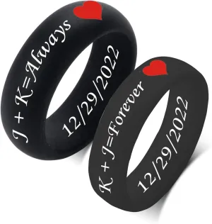 2 Ring Rubber Engagement Bands Dome Colorful Heart Ring Silicone Rings Custom Engraved Matching Rings His & Hers Wedding Band, Rubber Rings for Couples, Standard US Size 4 to 12