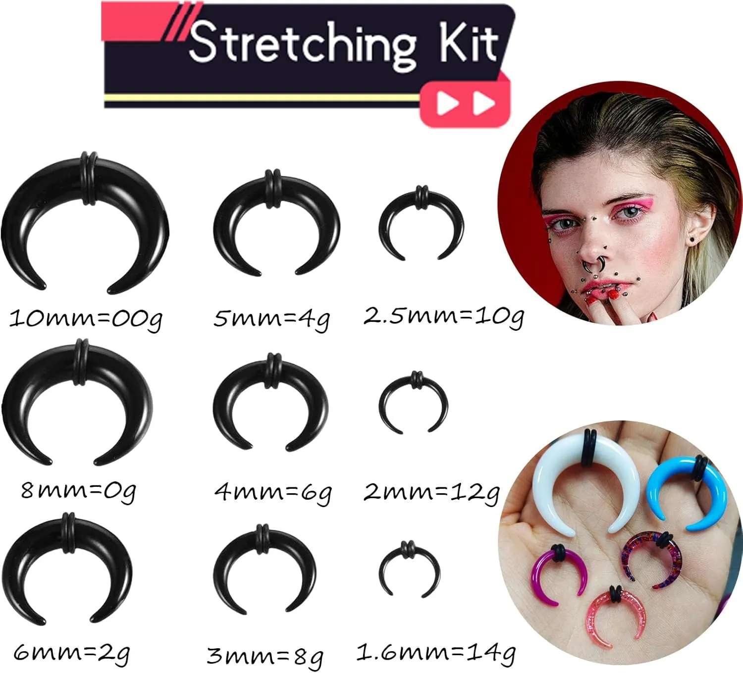 20 Pcs Ear Stretching Kit Buffalo Pincher Septum Piercing Jewelry 14G 12G 10G 8G 6G 4G 2G 0G 00G Septum Rings Nose Septum Stretching Kit for Women Men