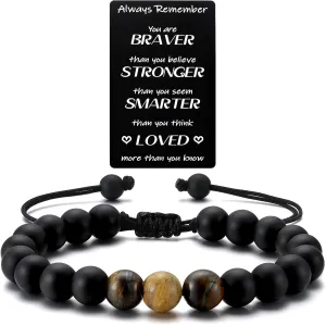 2025 Graduation Gifts for Him: Adjustable Bead Jewelry Bracelet of 3 Tiger Eye Stone with Encourage Quote for Teen Boy - Graduation Gift for Kindergarten/Middle School/High School/College Grad