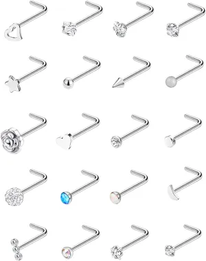 20G 12-20Pcs Stainless Steel L Shaped Nose Rings CZ Nose Stud Body Piercing Jewelry