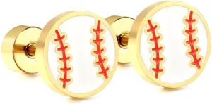 20g Baseball Gold Plated Flat Screw Back Small Stud Earrings for Men Women Minimalist Cute Surgical Steel Enamel Sports Fan Lover Cartilage Piercing Sleeper Tiny Mini Studs Hypoallergenic Birthday Gift for Bff Christmas