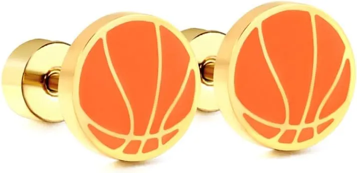 20g Basketball Gold Plated Flat Screw Back Small Stud Earrings for Men Women Minimalist Cute Surgical Steel White Enamel Sports Fan Lover Cartilage Piercing Sleeper Tiny Studs Hypoallergenic Birthday Gift for Bff Christmas 7mm