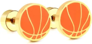 20g Basketball Gold Plated Flat Screw Back Small Stud Earrings for Men Women Minimalist Cute Surgical Steel White Enamel Sports Fan Lover Cartilage Piercing Sleeper Tiny Studs Hypoallergenic Birthday Gift for Bff Christmas 7mm