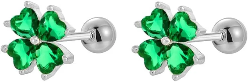 20g Green Clover CZ Flower Screw Back Small Stud Earrings for Women Cartilage Dainty Lucky Love Heart Crystal Four Leaf Hypoallergenic Piercing Tiny Sleeper Studs Earring Fashion Jewelry Gifts 8*8mm