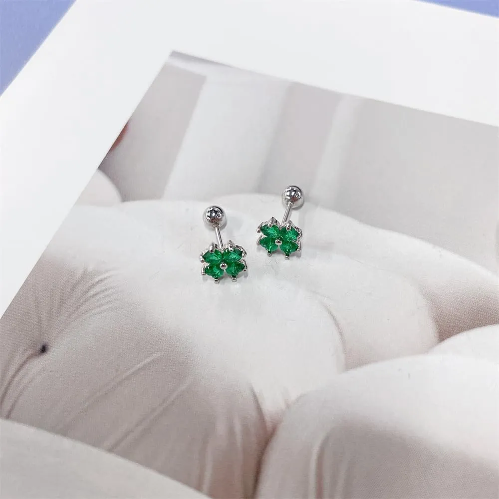 20g Green Clover CZ Flower Screw Back Small Stud Earrings for Women Cartilage Dainty Lucky Love Heart Crystal Four Leaf Hypoallergenic Piercing Tiny Sleeper Studs Earring Fashion Jewelry Gifts 8*8mm