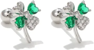 20g Green Clover CZ Flower Screw Back Small Stud Earrings for Women Cartilage Dainty Lucky Love Heart Cubic Zirconia Four Leaf Hypoallergenic Piercing Tiny Sleeper Studs Earring Fashion Jewelry Gifts