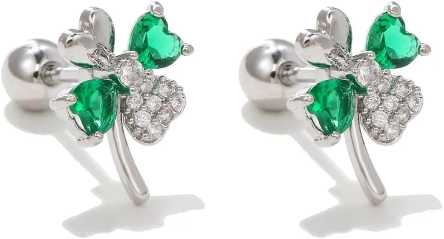 20g Green Clover CZ Flower Screw Back Small Stud Earrings for Women Cartilage Dainty Lucky Love Heart Cubic Zirconia Four Leaf Hypoallergenic Piercing Tiny Sleeper Studs Earring Fashion Jewelry Gifts
