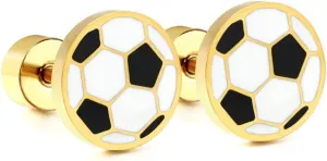 20g Soccer Gold Plated Flat Screw Back Small Stud Earrings for Men Women Minimalist Cute Surgical Steel Black White Enamel Sports Fan Lover Cartilage Piercing Sleeper Tiny Studs Hypoallergenic Gift for Bff Christmas