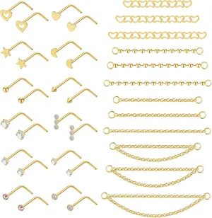 20G Stainlesss Steel Nose Rings Stud Nose Chain Piercing Across Double Nose Stud Womens Nostril Piercing Jewelry