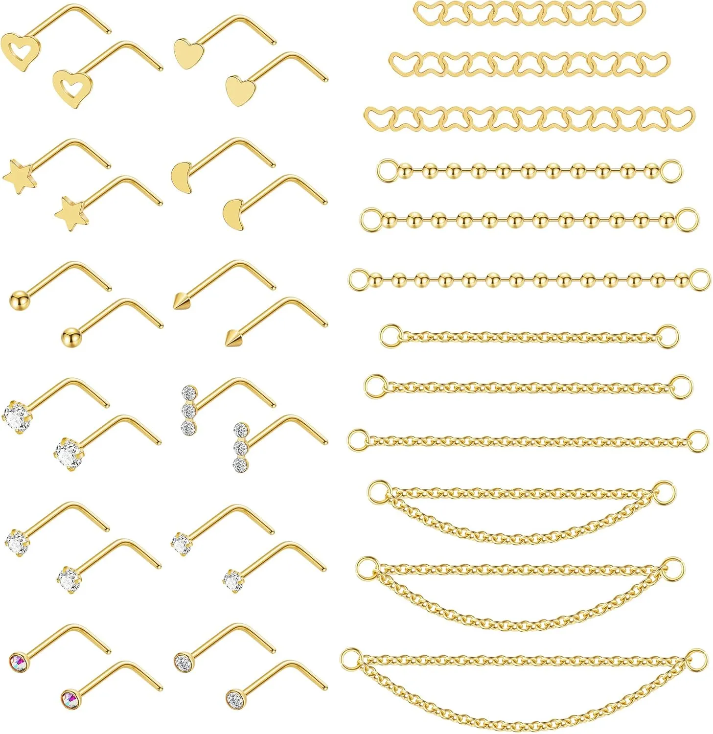 20G Stainlesss Steel Nose Rings Stud Nose Chain Piercing Across Double Nose Stud Womens Nostril Piercing Jewelry
