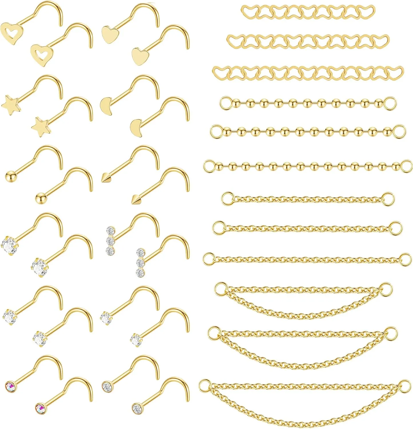 20G Stainlesss Steel Nose Rings Stud Nose Chain Piercing Across Double Nose Stud Womens Nostril Piercing Jewelry