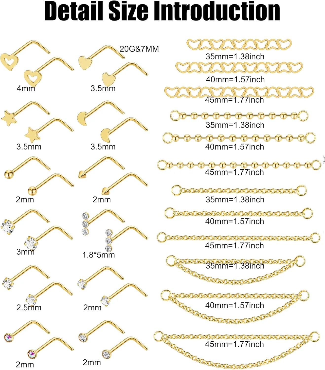 20G Stainlesss Steel Nose Rings Stud Nose Chain Piercing Across Double Nose Stud Womens Nostril Piercing Jewelry