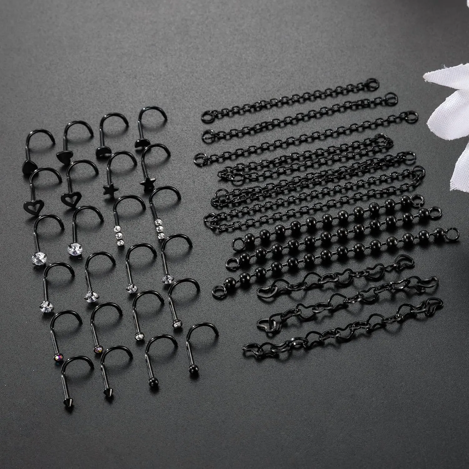 20G Stainlesss Steel Nose Rings Stud Nose Chain Piercing Across Double Nose Stud Womens Nostril Piercing Jewelry