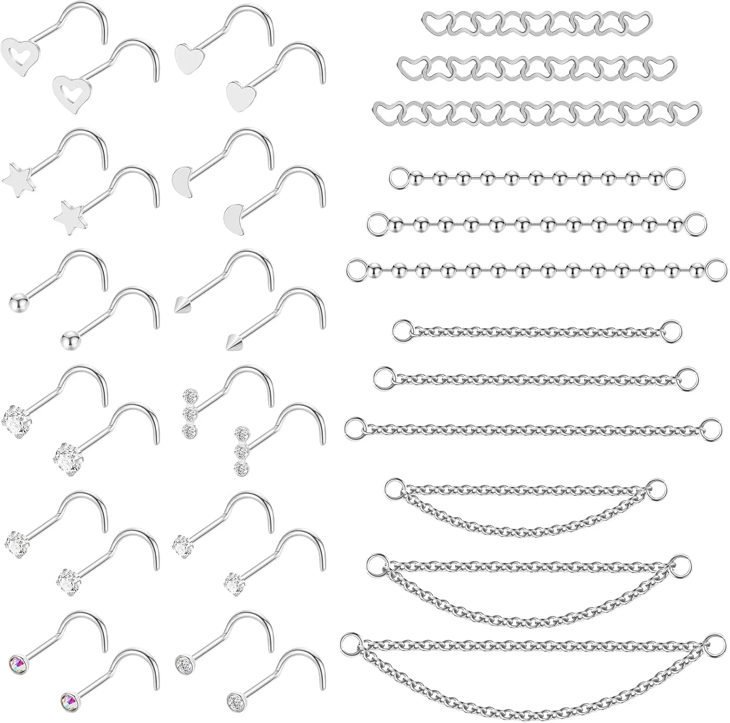 20G Stainlesss Steel Nose Rings Stud Nose Chain Piercing Across Double Nose Stud Womens Nostril Piercing Jewelry