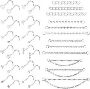 20G Stainlesss Steel Nose Rings Stud Nose Chain Piercing Across Double Nose Stud Womens Nostril Piercing Jewelry