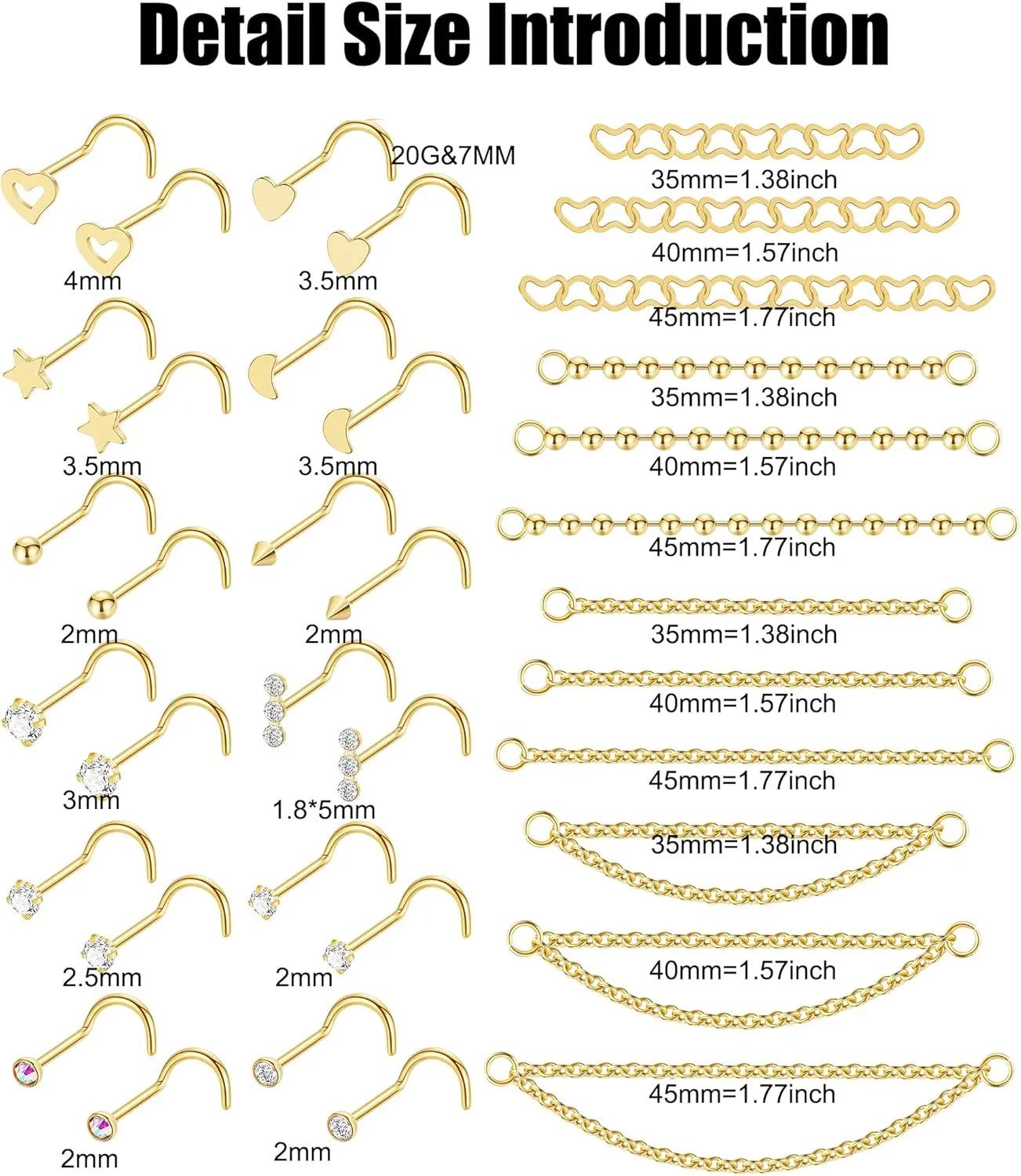 20G Stainlesss Steel Nose Rings Stud Nose Chain Piercing Across Double Nose Stud Womens Nostril Piercing Jewelry