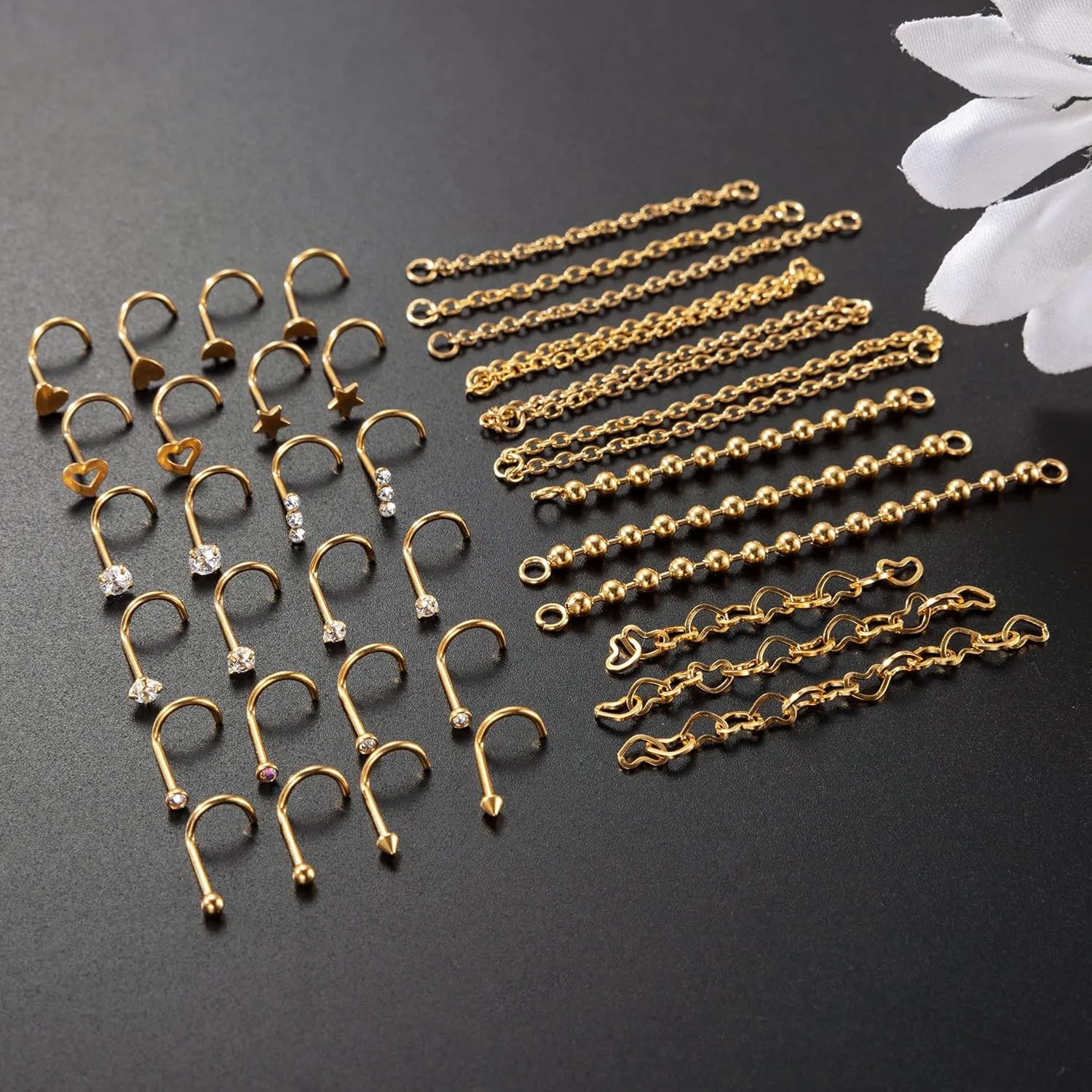 20G Stainlesss Steel Nose Rings Stud Nose Chain Piercing Across Double Nose Stud Womens Nostril Piercing Jewelry