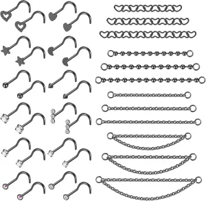 20G Stainlesss Steel Nose Rings Stud Nose Chain Piercing Across Double Nose Stud Womens Nostril Piercing Jewelry