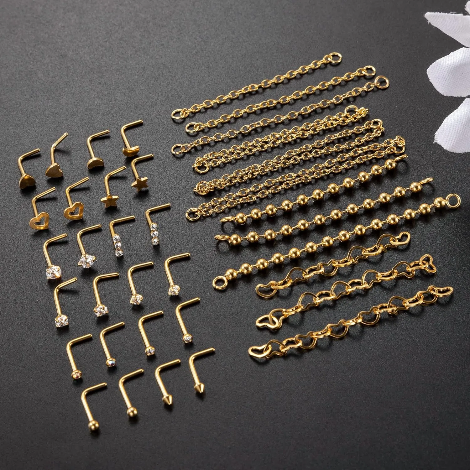 20G Stainlesss Steel Nose Rings Stud Nose Chain Piercing Across Double Nose Stud Womens Nostril Piercing Jewelry