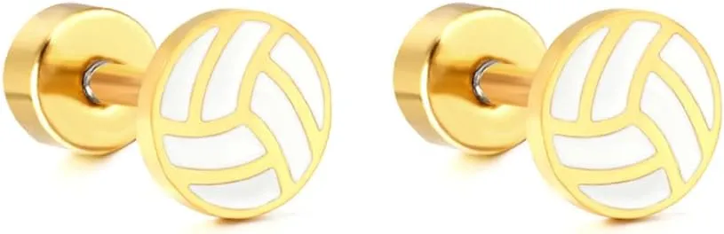20g Volleyball Gold Plated Flat Screw Back Small Stud Earrings for Men Women Minimalist Cute Surgical Steel White Enamel Sports Fan Lover Cartilage Piercing Sleeper Tiny Studs Hypoallergenic Birthday Gift for Bff Christmas
