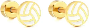 20g Volleyball Gold Plated Flat Screw Back Small Stud Earrings for Men Women Minimalist Cute Surgical Steel White Enamel Sports Fan Lover Cartilage Piercing Sleeper Tiny Studs Hypoallergenic Birthday Gift for Bff Christmas