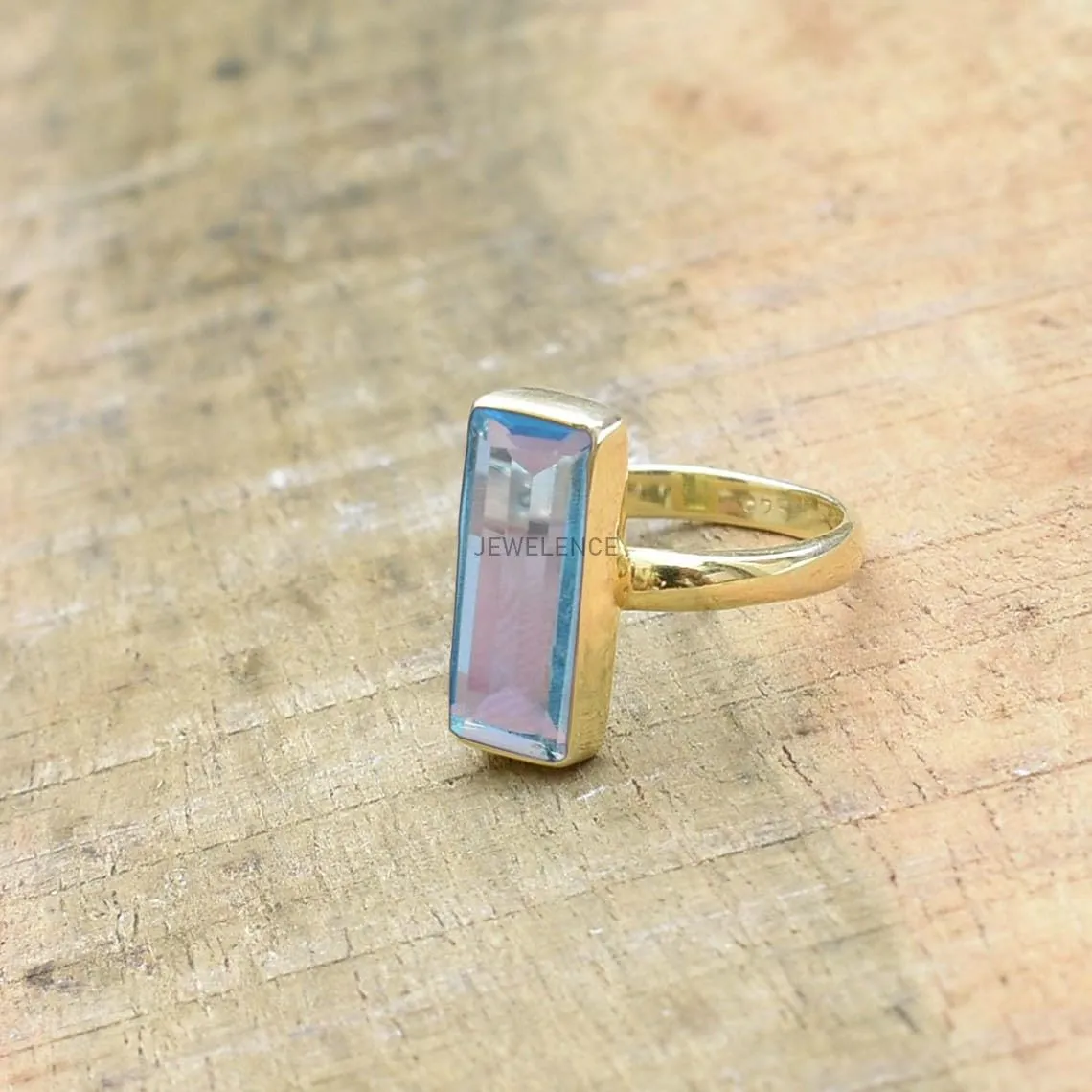 22K Yellow Gold Overlay Fine Sterling Silver Ring For Womens Blue Topaz Ring Sterling Silver Engagement Ring December Birthstone Blue Gemstone Bar Ring