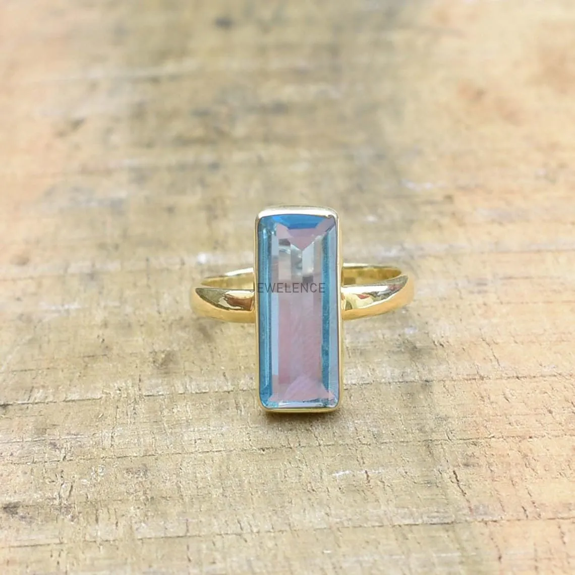 22K Yellow Gold Overlay Fine Sterling Silver Ring For Womens Blue Topaz Ring Sterling Silver Engagement Ring December Birthstone Blue Gemstone Bar Ring