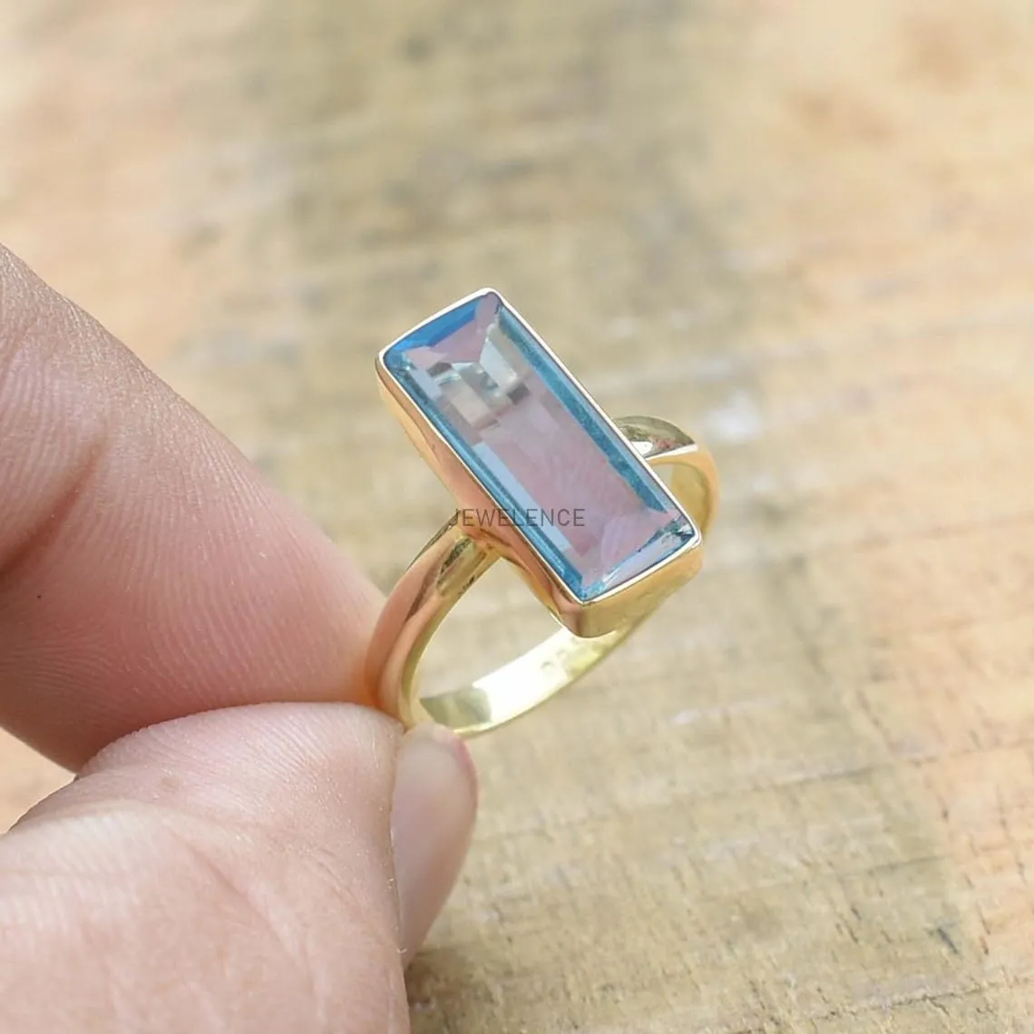 22K Yellow Gold Overlay Fine Sterling Silver Ring For Womens Blue Topaz Ring Sterling Silver Engagement Ring December Birthstone Blue Gemstone Bar Ring