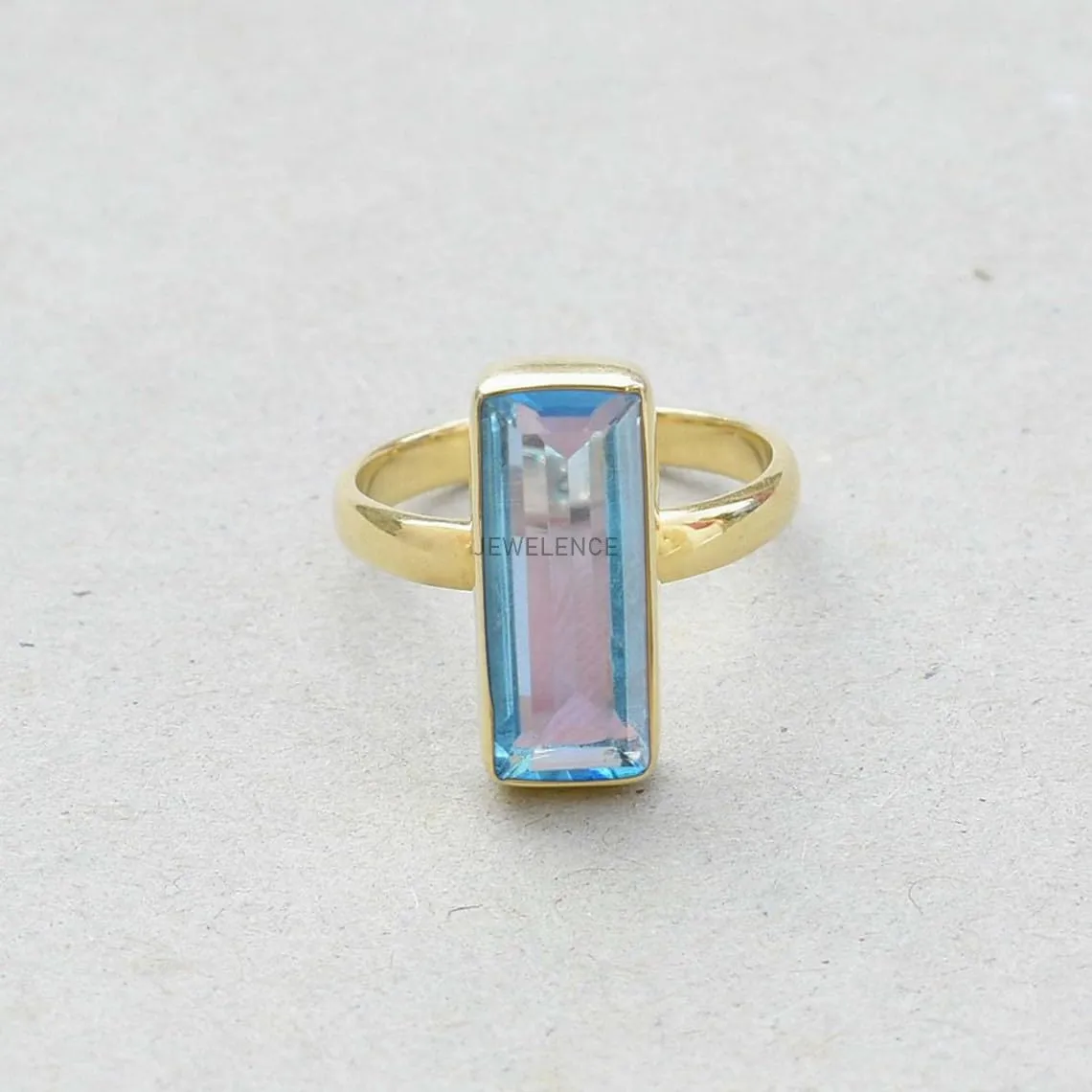 22K Yellow Gold Overlay Fine Sterling Silver Ring For Womens Blue Topaz Ring Sterling Silver Engagement Ring December Birthstone Blue Gemstone Bar Ring