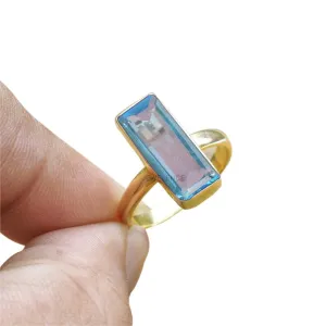 22K Yellow Gold Overlay Fine Sterling Silver Ring For Womens Blue Topaz Ring Sterling Silver Engagement Ring December Birthstone Blue Gemstone Bar Ring
