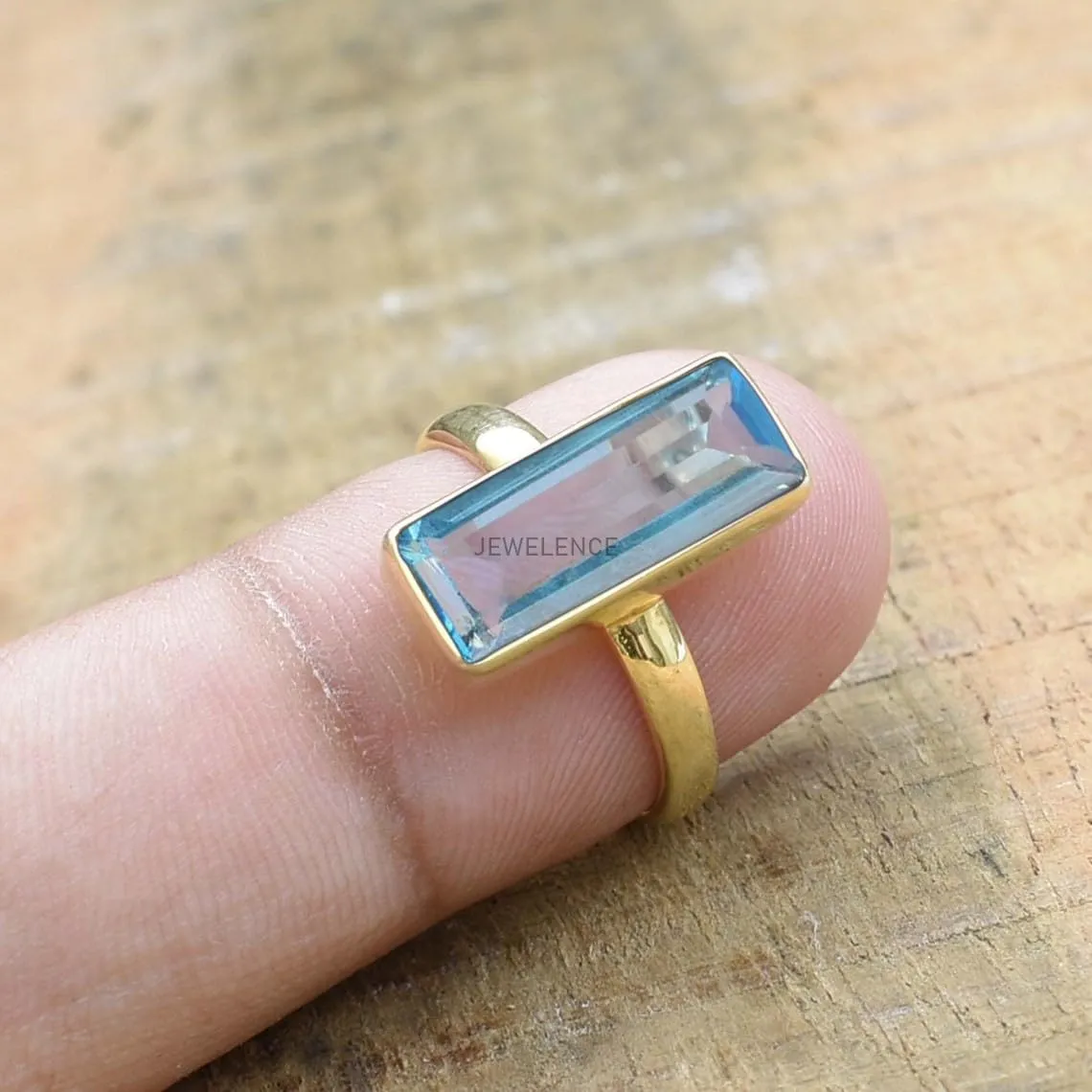 22K Yellow Gold Overlay Fine Sterling Silver Ring For Womens Blue Topaz Ring Sterling Silver Engagement Ring December Birthstone Blue Gemstone Bar Ring