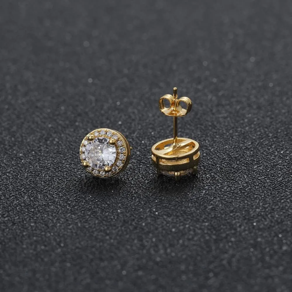 24K Gold Plated Iced Out CZ Hip Hop Stud Earrings Party Cubic Zirconia Earrings for Men Women