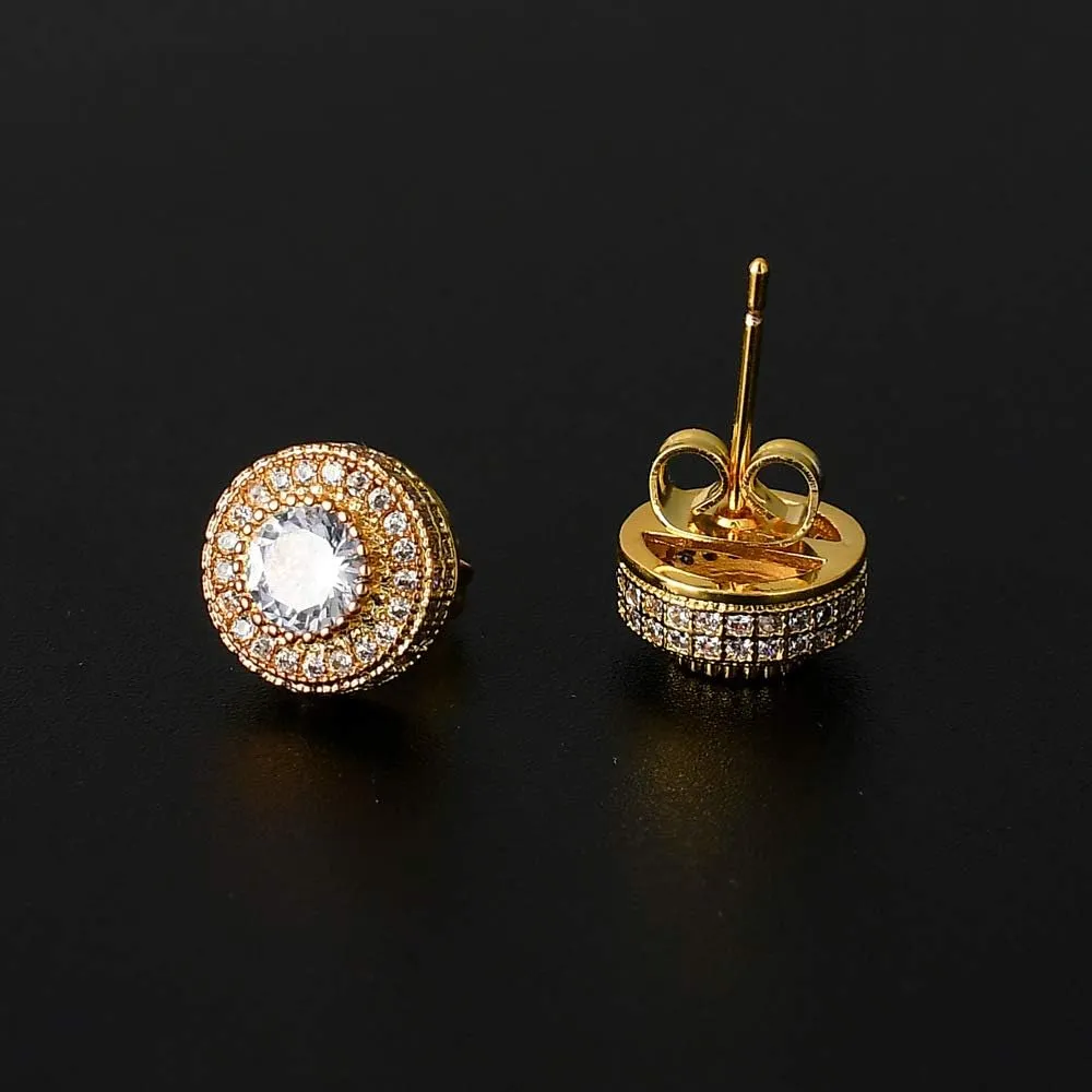 24K Gold Plated Iced Out CZ Hip Hop Stud Earrings Party Cubic Zirconia Earrings for Men Women